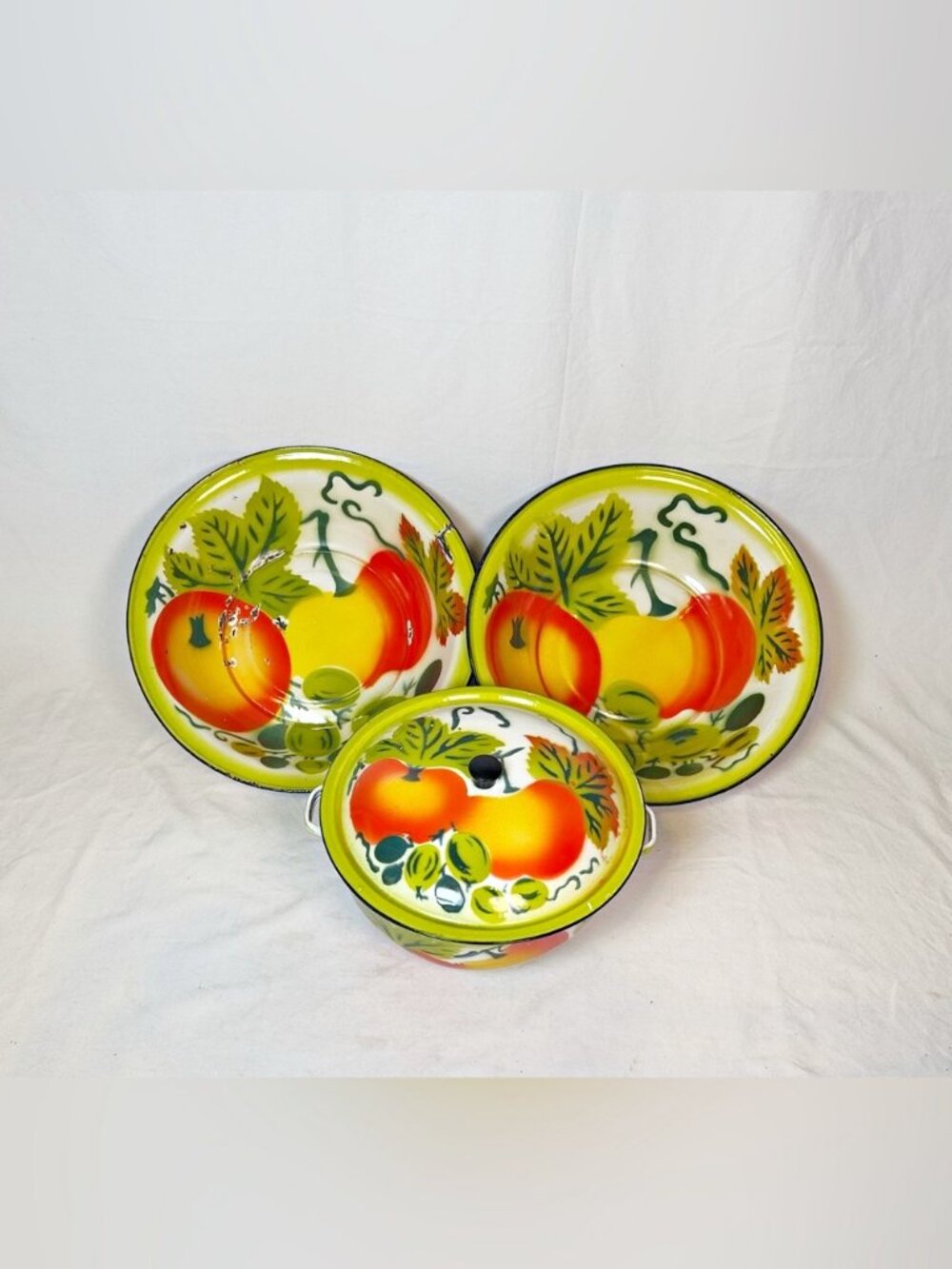 Vintage 50s Set Orchard Fruit Bumper Harvest Enamelware Basin & Bowl/Lid~Japan